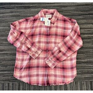 Threadgrit Joanie Plaid Button Front Shirt Pink Cream Frayed Hem XL
